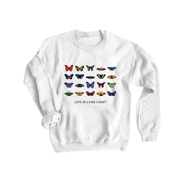 Changing gif image of various shirts with butterflies on them for Lyme disease and invisible illness awareness.