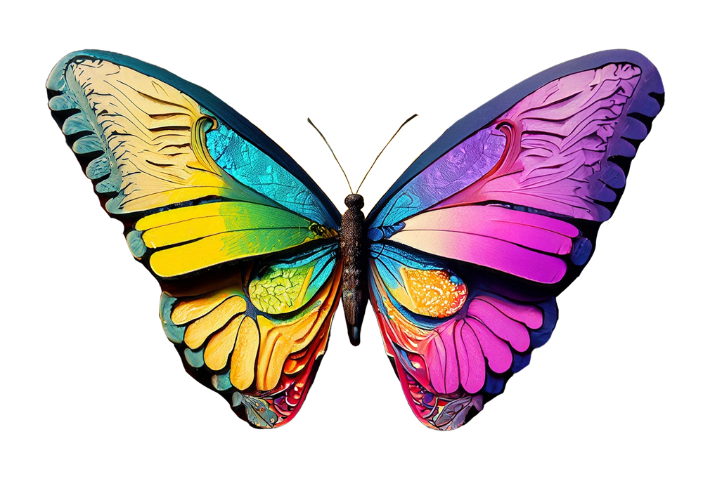 Brightly colored butterfly, colors changing from left to right of yellow, green, blue, purple and pink. Paper texture art, with layers of shadows.
